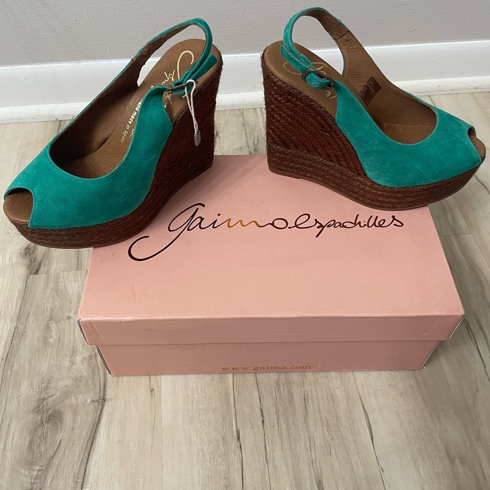 NEW-Gaimo Espadrilles- Teal Suede Espadrille Wedge Sandals. Size 36